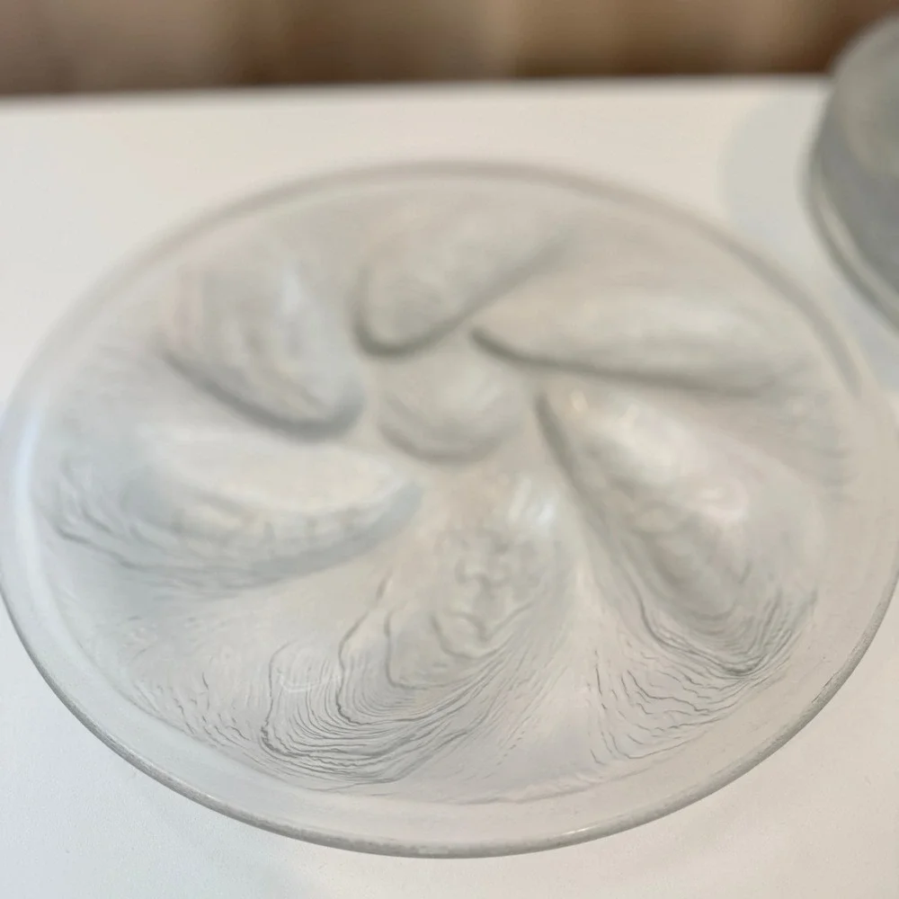 Set of 5 Vintage Clear Glass Oyster Plates Embossed Shell Design Coastal Decor